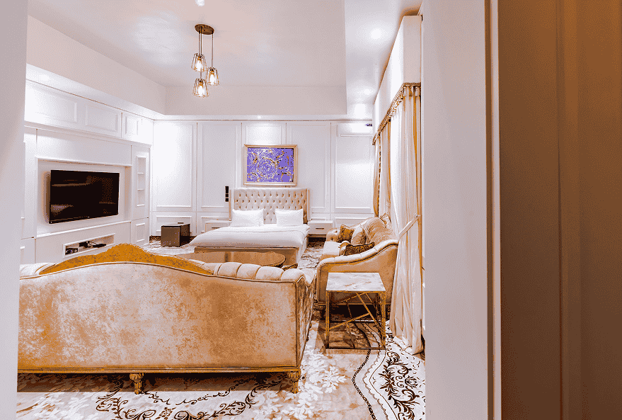 Luxury living room with gold accents